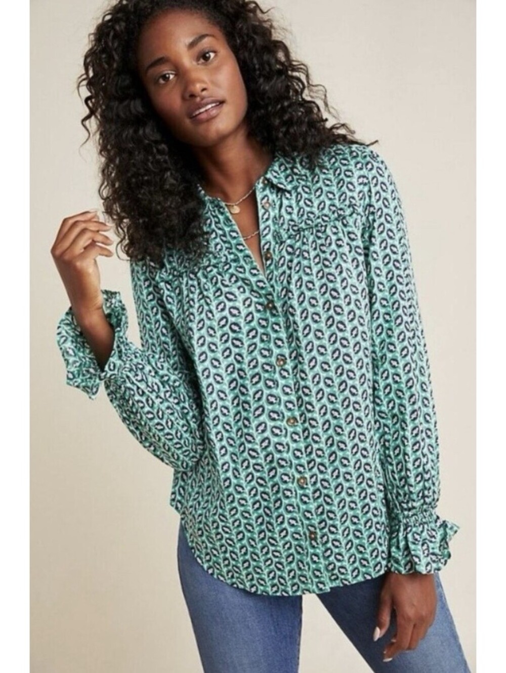 MAEVE by Anthropologie Fredricka Bird Print Blouse In Green-Size 4